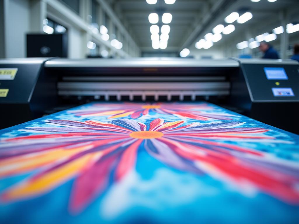 Digital textile printing machine with colorful patterns in Swiss factory