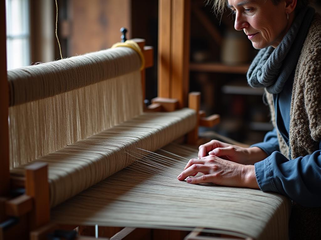 Master weaver at traditional loom in Swiss textile heritage workshop
