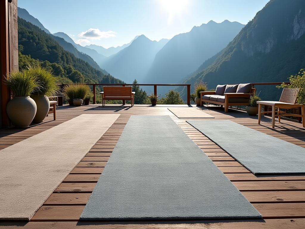 Outdoor patio rugs on Swiss mountain deck with durable textiles